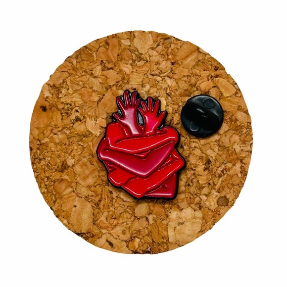 ☀️Red Enamel Pin Arms Hugging Heart Shape Lapel Pin Heart & Hands Red New - Picture 3 of 5